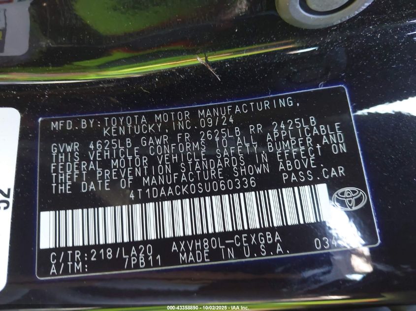 2025 Toyota Camry Xle VIN: 4T1DAACK0SU060336 Lot: 43358890