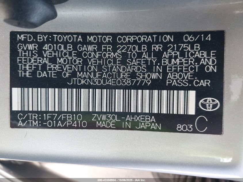 2014 Toyota Prius Three VIN: JTDKN3DU4E0387779 Lot: 43358904