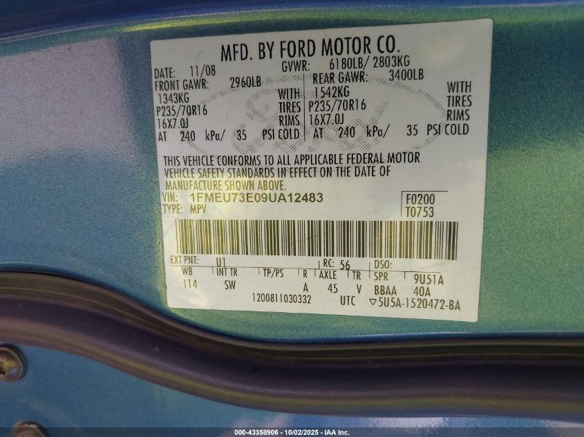 2009 Ford Explorer Xlt VIN: 1FMEU73E09UA12483 Lot: 43358906