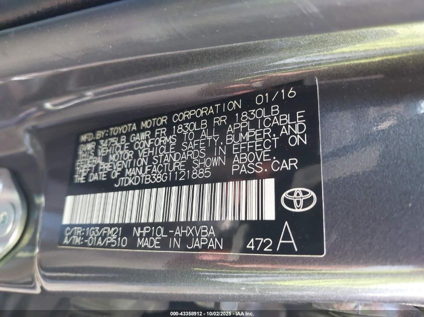 2016 Toyota Prius C Two VIN: JTDKDTB38G1121885 Lot: 43358912