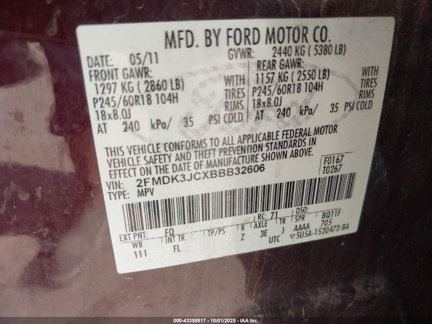 2011 Ford Edge Sel VIN: 2FMDK3JCXBBB32606 Lot: 43358917