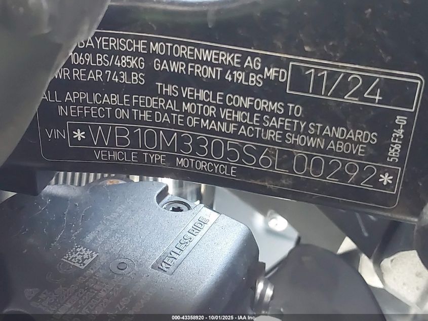 2025 BMW R 1300 Gs Adventure VIN: WB10M3305S6L00292 Lot: 43358920