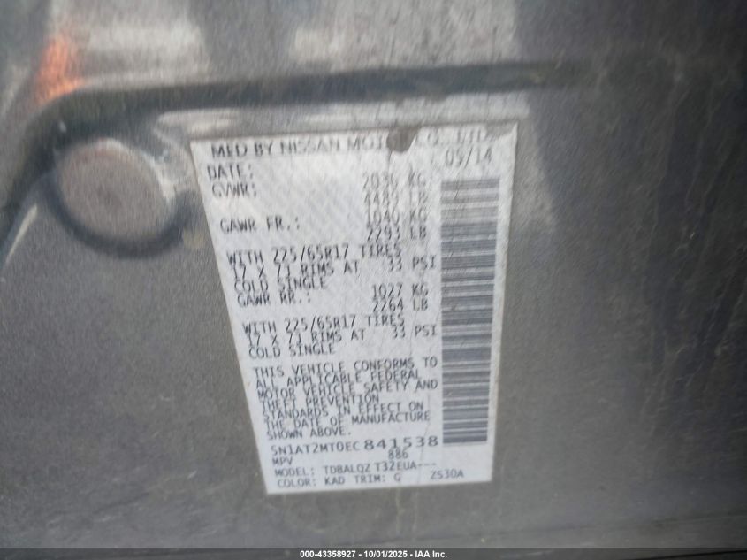 2014 Nissan Rogue Sv VIN: 5N1AT2MT0EC841538 Lot: 43358927