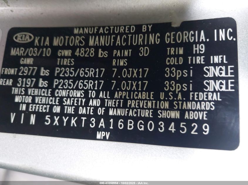 2011 Kia Sorento Lx VIN: 5XYKT3A16BG034529 Lot: 43358954