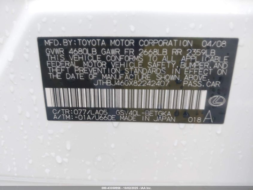 2008 Lexus Es 350 VIN: JTHBJ46GX82242407 Lot: 43358956