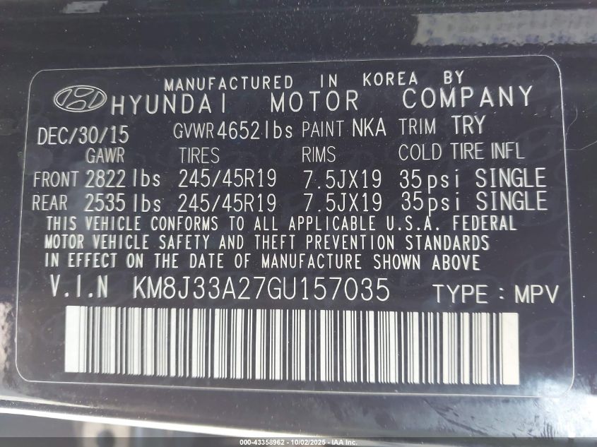 2016 Hyundai Tucson Limited VIN: KM8J33A27GU157035 Lot: 43358962