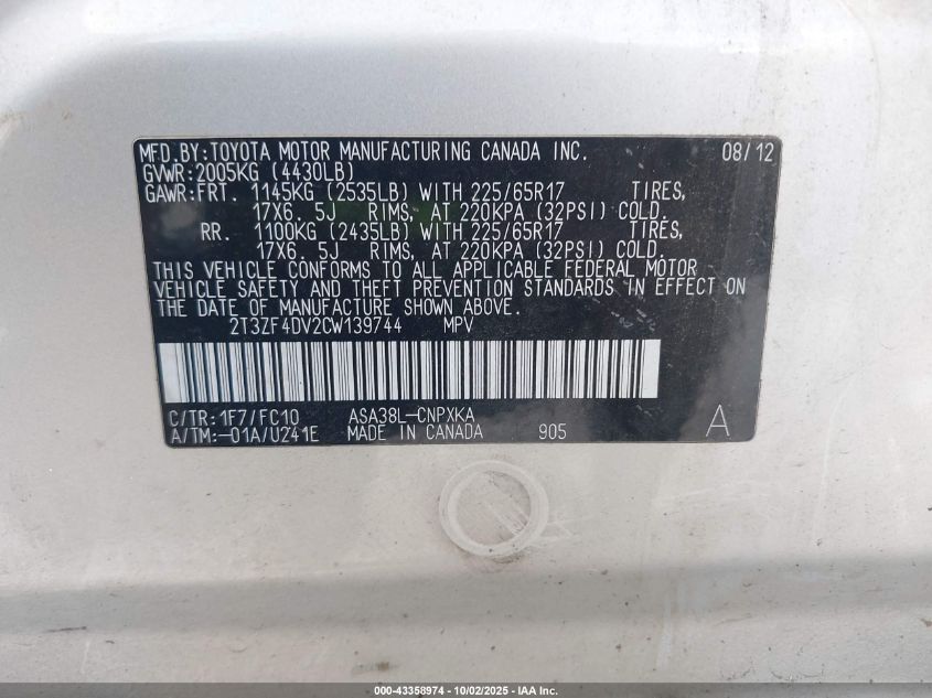 2012 Toyota Rav4 VIN: 2T3ZF4DV2CW139744 Lot: 43358974