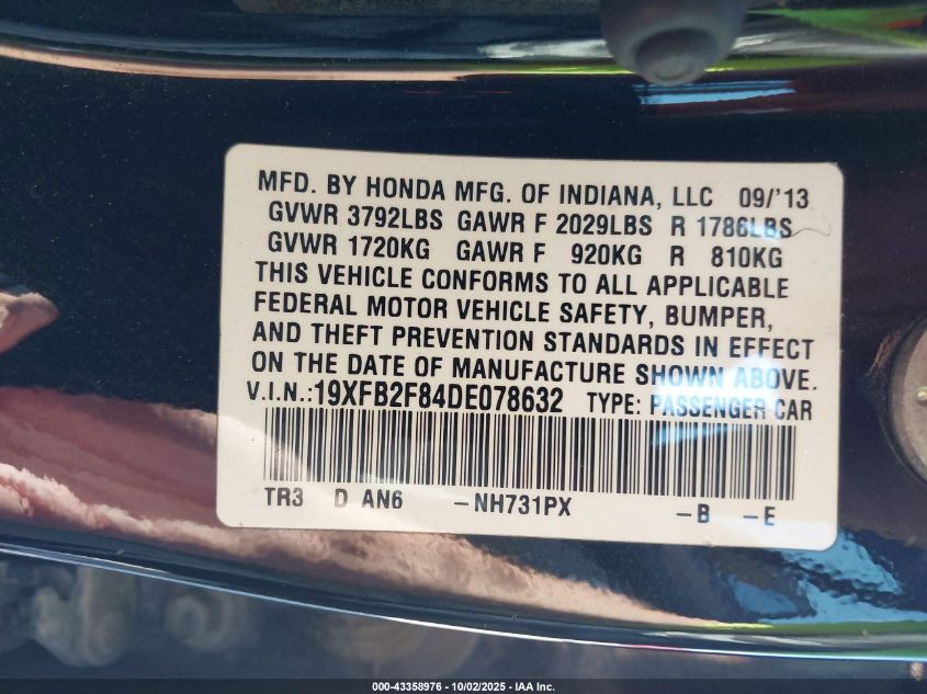 2013 Honda Civic Ex VIN: 19XFB2F84DE078632 Lot: 43358976