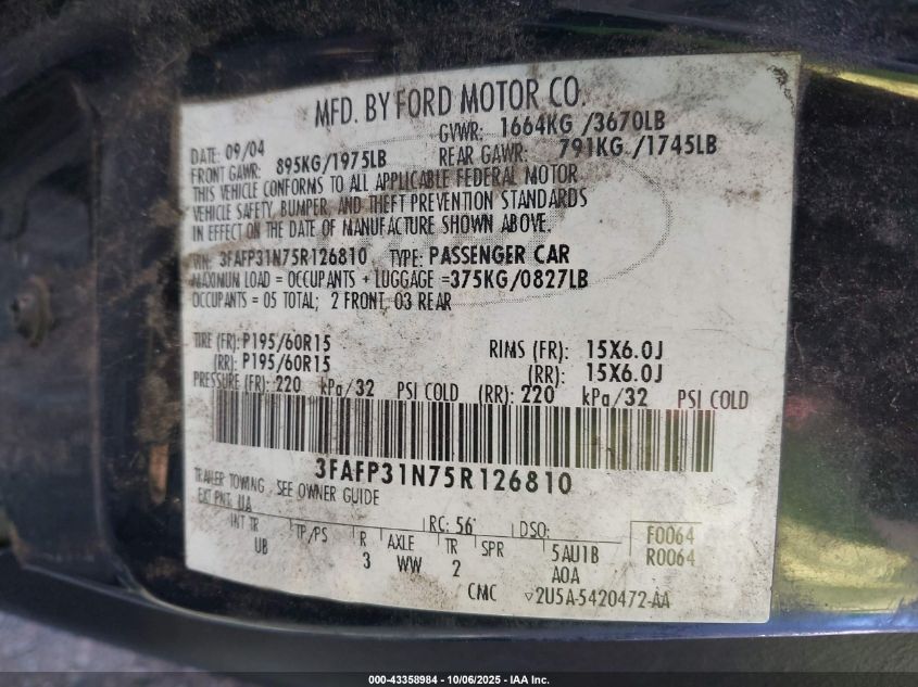 2005 Ford Focus Zx3 VIN: 3FAFP31N75R126810 Lot: 43358984