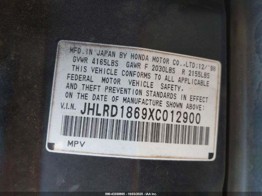 1999 Honda Cr-V Ex VIN: JHLRD1869XC012900 Lot: 43358985