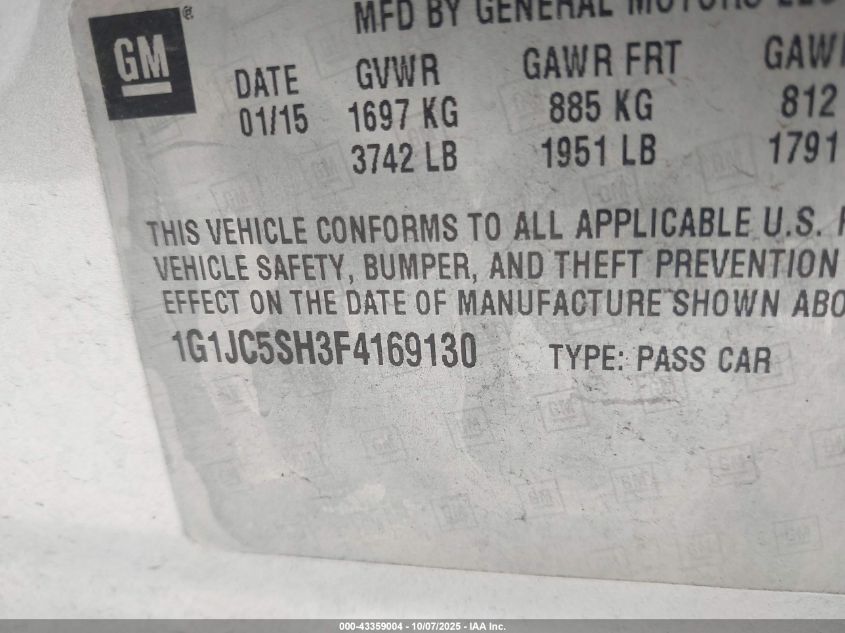 2015 Chevrolet Sonic Lt Auto VIN: 1G1JC5SH3F4169130 Lot: 43359004