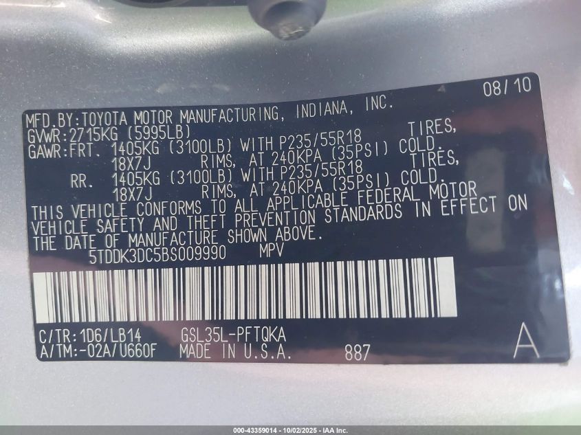 2011 Toyota Sienna Xle VIN: 5TDDK3DC5BS009990 Lot: 43359014