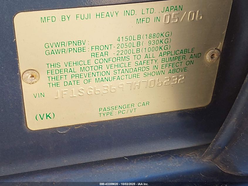 2007 Subaru Forester 2.5X VIN: JF1SG63697H706232 Lot: 43359020