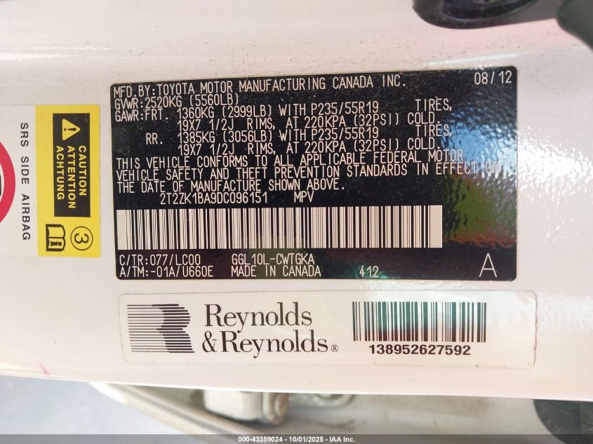 2013 Lexus Rx 350 VIN: 2T2ZK1BA9DC096151 Lot: 43359024