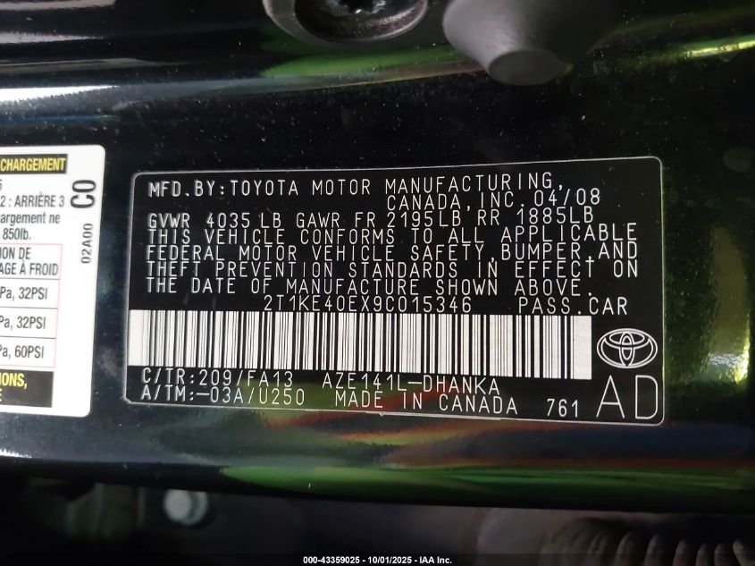 2009 Toyota Matrix S VIN: 2T1KE40EX9C015346 Lot: 43359025