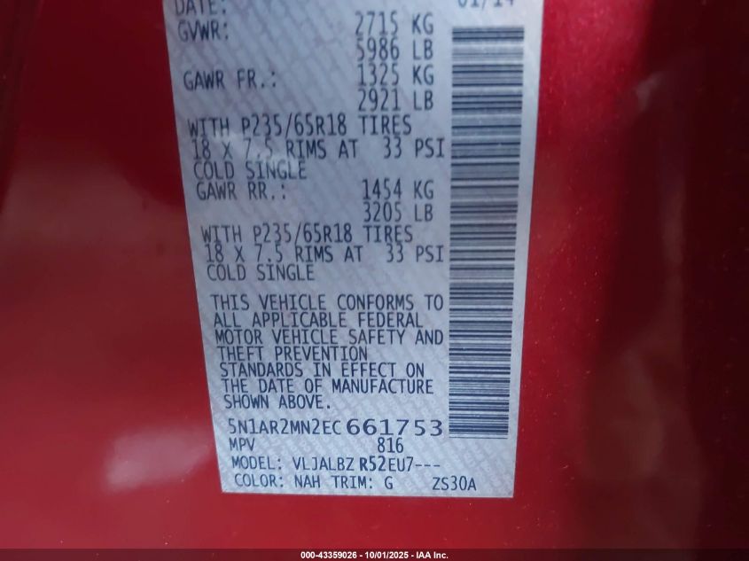 2014 Nissan Pathfinder S VIN: 5N1AR2MN2EC661753 Lot: 43359026