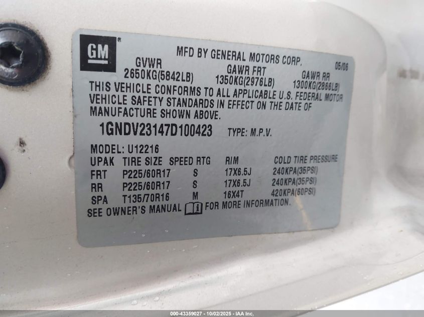 2007 Chevrolet Uplander Ls VIN: 1GNDV23147D100423 Lot: 43359027