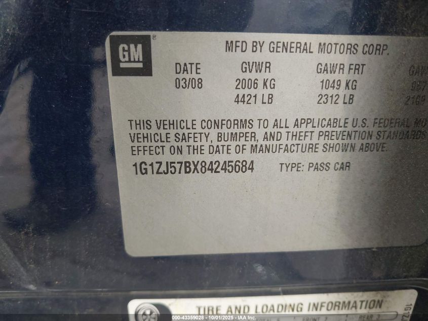 2008 Chevrolet Malibu Lt VIN: 1G1ZJ57BX84245684 Lot: 43359028