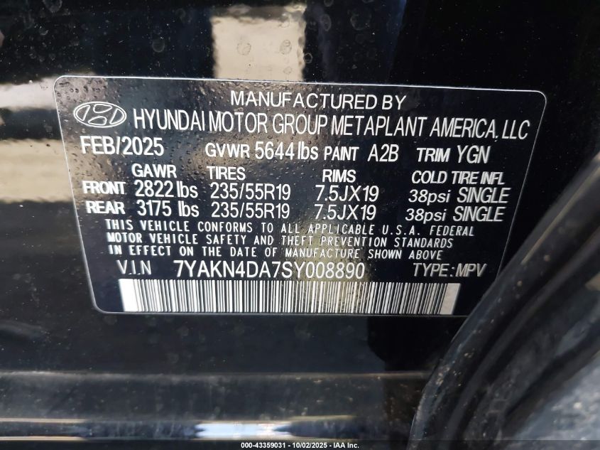 2025 Hyundai Ioniq 5 Sel VIN: 7YAKN4DA7SY008890 Lot: 43359031