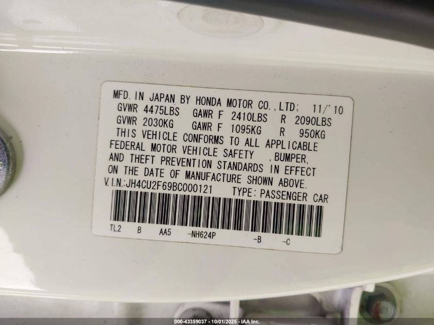 2011 Acura Tsx 2.4 VIN: JH4CU2F69BC000121 Lot: 43359037