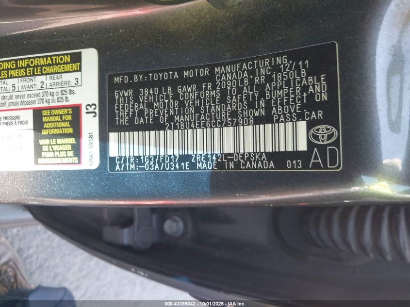 2012 Toyota Corolla S VIN: 2T1BU4EE6CC757908 Lot: 43359042