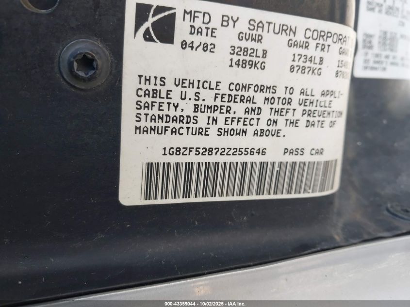 2002 Saturn S-Series Sl VIN: 1G8ZF52872Z255646 Lot: 43359044