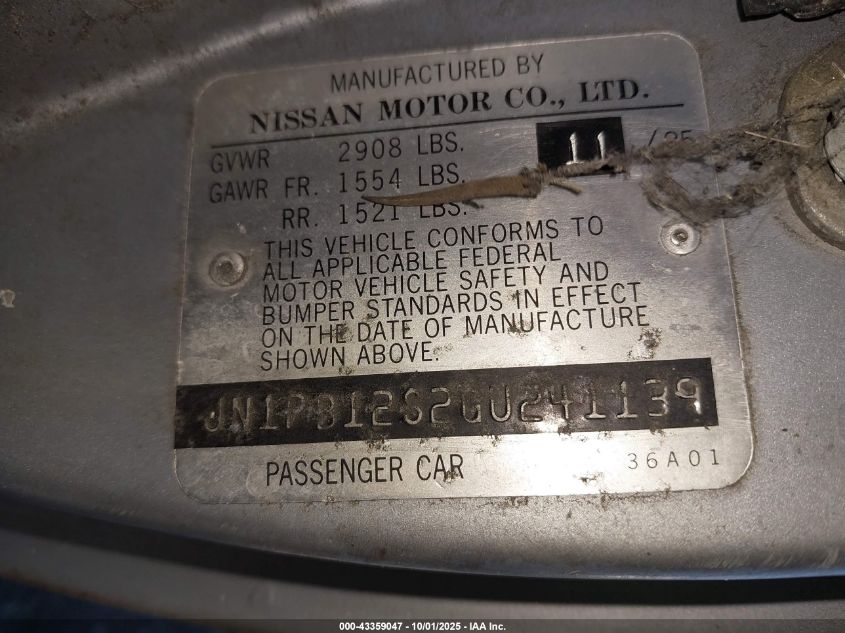 1986 Nissan Sentra VIN: JN1PB12S2GU241139 Lot: 43359047