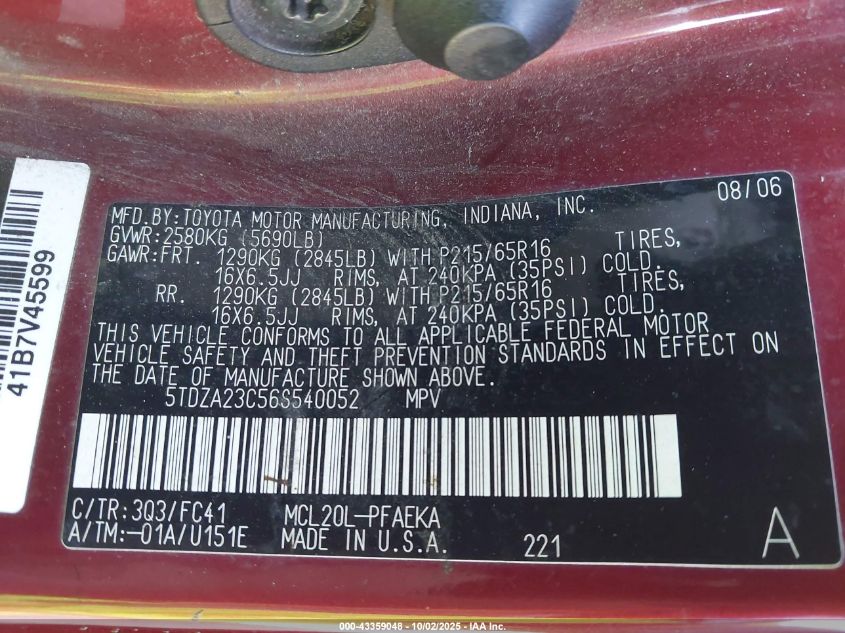 2006 Toyota Sienna Le VIN: 5TDZA23C56S540052 Lot: 43359048