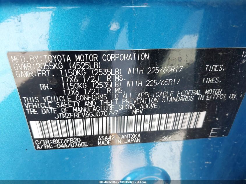 2016 Toyota Rav4 Le VIN: JTMZFREV6GJ070797 Lot: 43359052