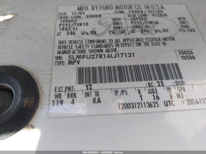 2004 Lincoln Navigator VIN: 5LMFU27R14LJ17131 Lot: 43359053
