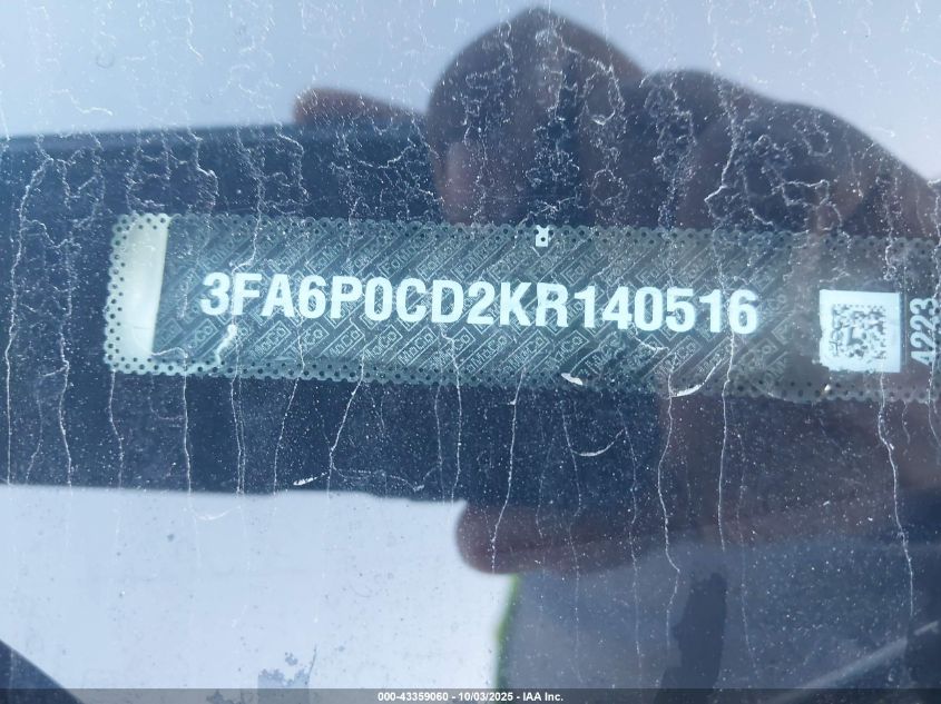 2019 Ford Fusion Sel VIN: 3FA6P0CD2KR140516 Lot: 43359060
