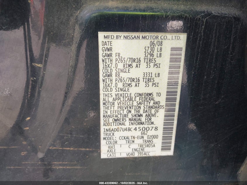 2008 Nissan Frontier Se VIN: 1N6AD07U48C450078 Lot: 43359062