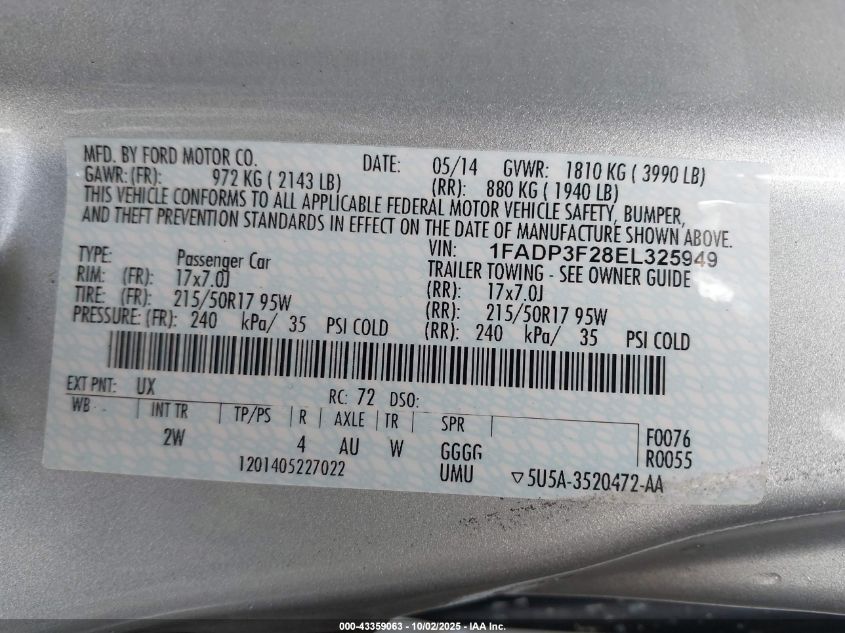 2014 Ford Focus Se VIN: 1FADP3F28EL325949 Lot: 43359063