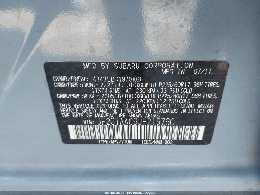 2018 Subaru Crosstrek 2.0I VIN: JF2GTAAC9JH219760 Lot: 43359067