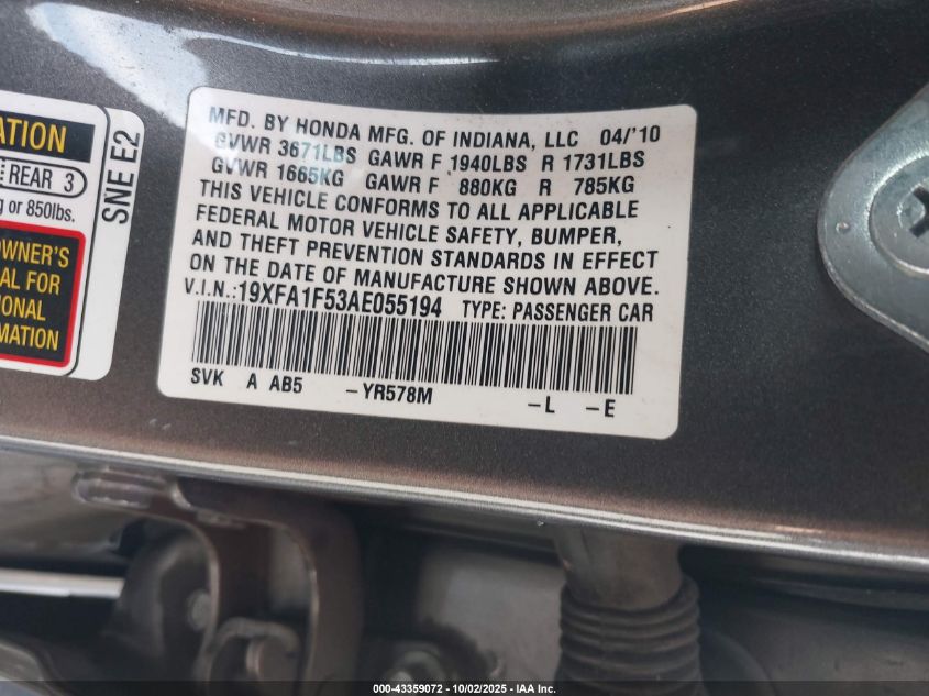 2010 Honda Civic Lx VIN: 19XFA1F53AE055194 Lot: 43359072