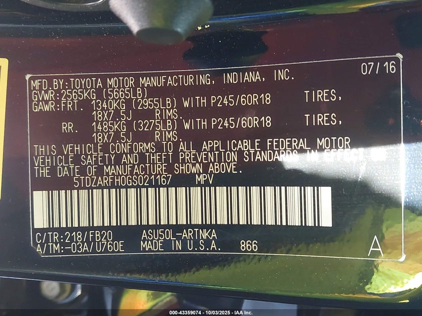 2016 TOYOTA HIGHLANDER LE - 5TDZARFH0GS021167