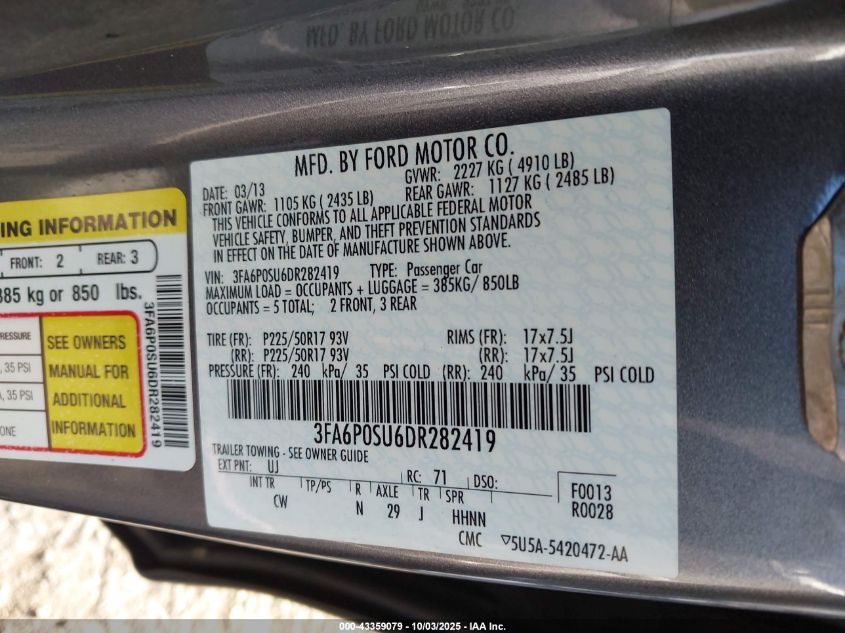 2013 Ford Fusion Energi Titanium VIN: 3FA6P0SU6DR282419 Lot: 43359079