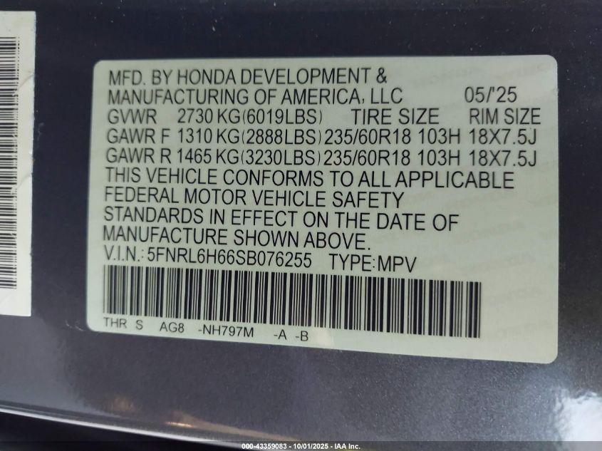 2025 Honda Odyssey Ex-L VIN: 5FNRL6H66SB076255 Lot: 43359083