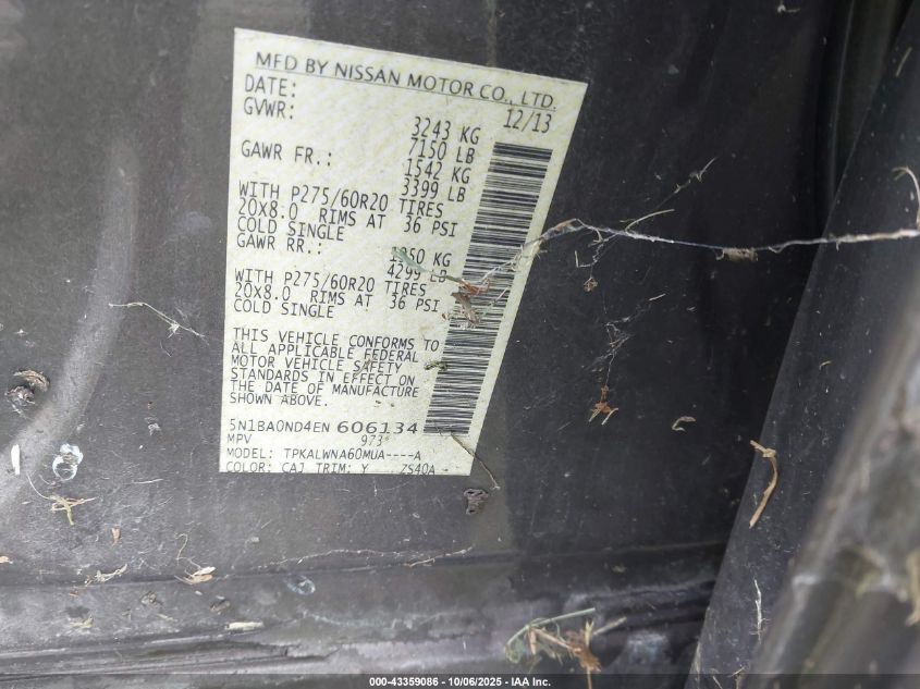 2014 Nissan Armada Platinum VIN: 5N1BA0ND4EN606134 Lot: 43359086