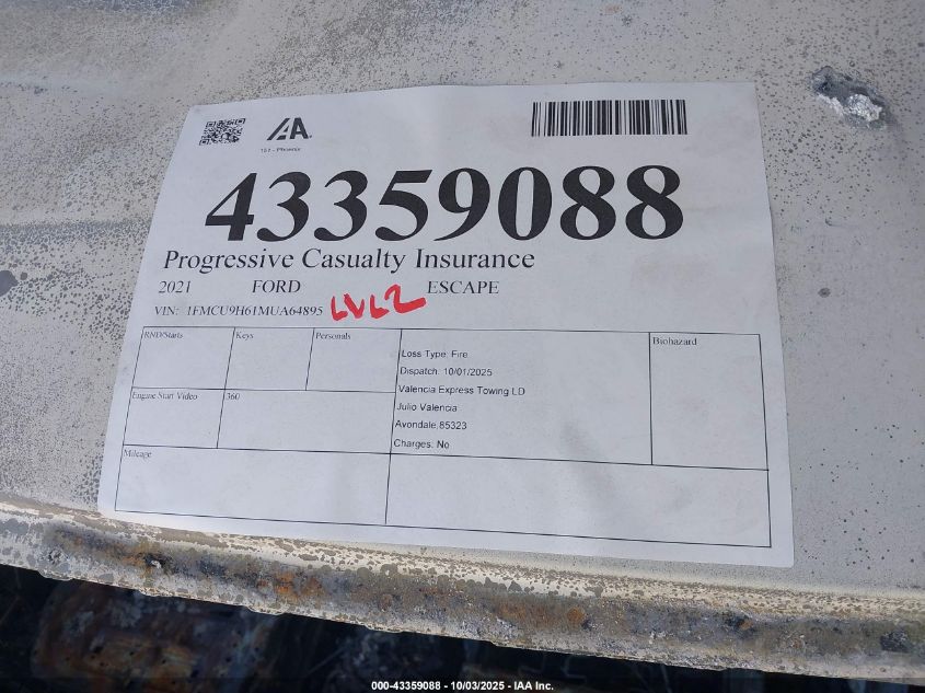 2021 Ford Escape Sel VIN: 1FMCU9H61MUA64895 Lot: 43359088