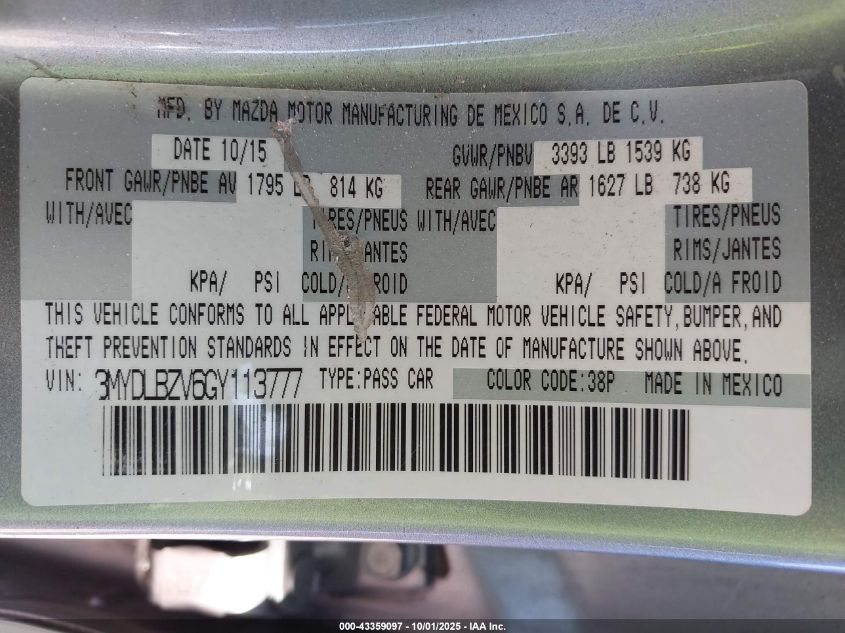 2016 Scion Ia VIN: 3MYDLBZV6GY113777 Lot: 43359097