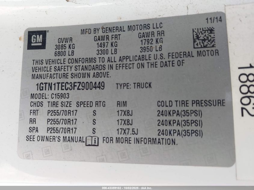 2015 GMC Sierra 1500 VIN: 1GTN1TEC3FZ900449 Lot: 43359102