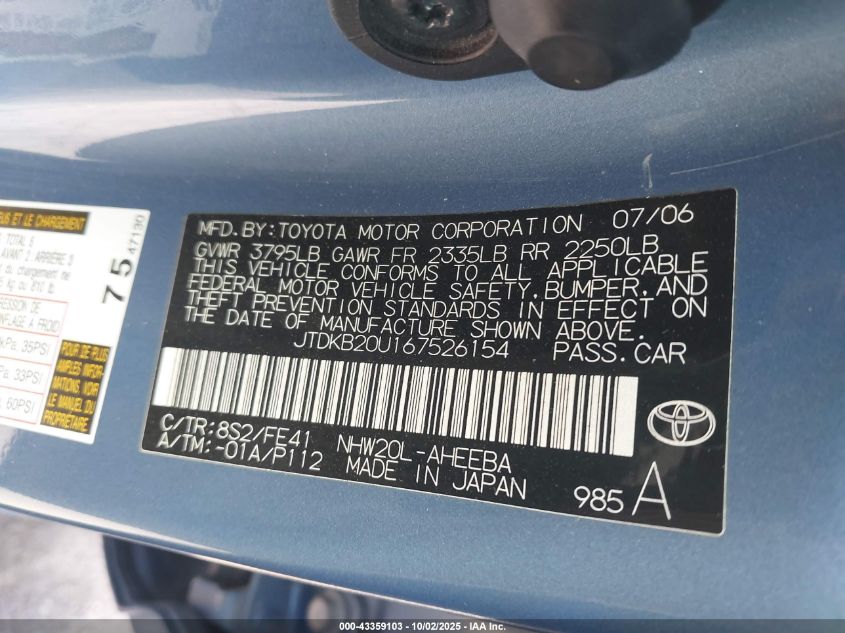 2006 Toyota Prius VIN: JTDKB20U167526154 Lot: 43359103