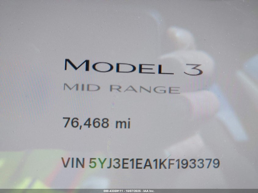 2019 Tesla Model 3 Long Range/Mid Range/Standard Range/Standard Range Plus VIN: 5YJ3E1EA1KF193379 Lot: 43359111