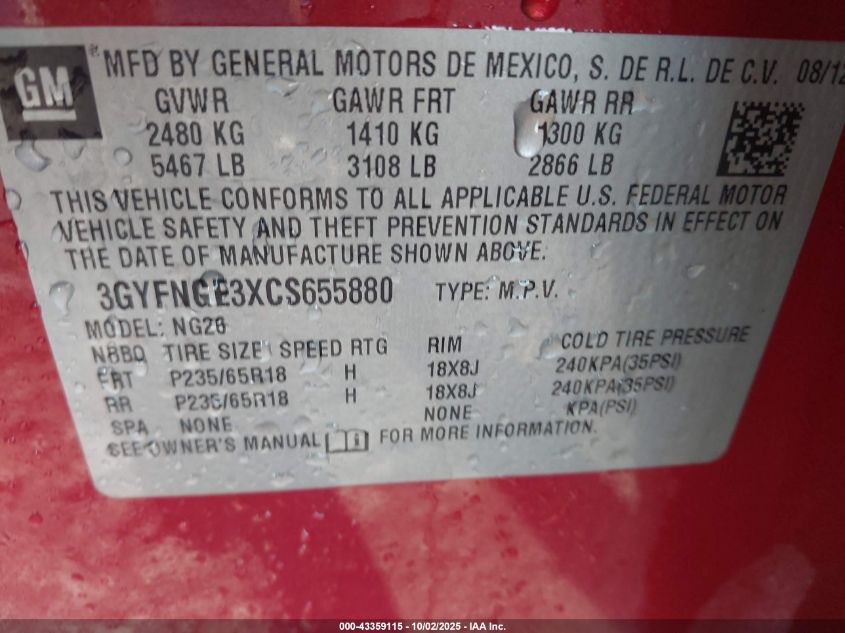 2012 Cadillac Srx Standard VIN: 3GYFNGE3XCS655880 Lot: 43359115