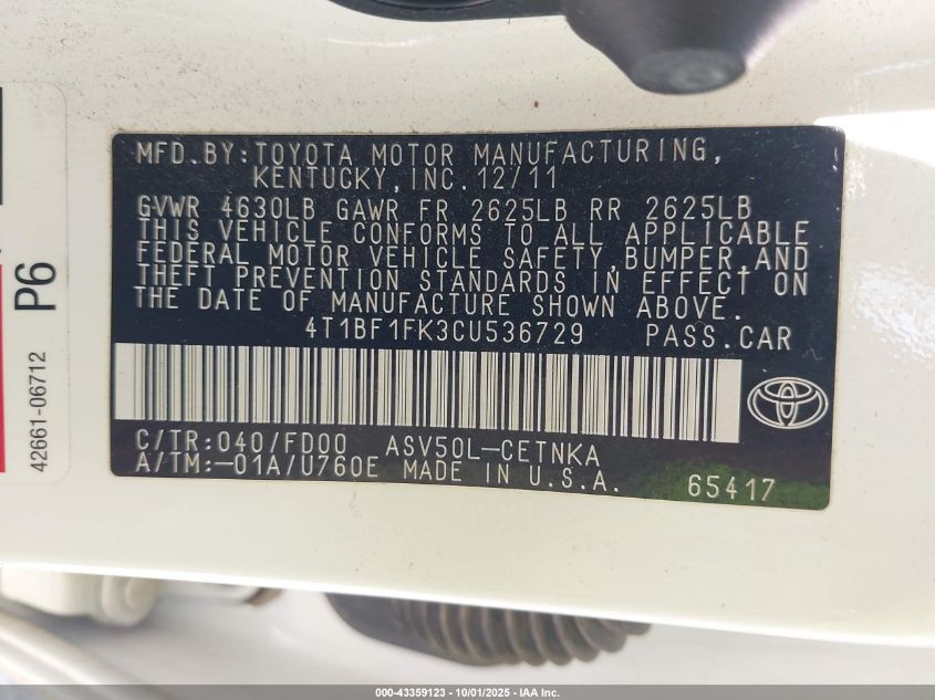 2012 Toyota Camry Le VIN: 4T1BF1FK3CU536729 Lot: 43359123