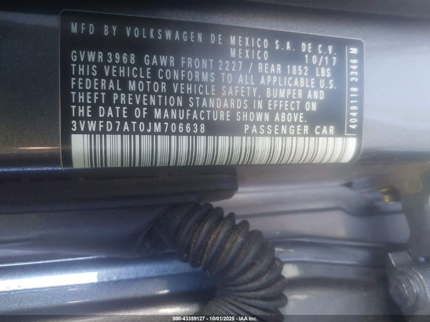 2018 Volkswagen Beetle 2.0T Coast/2.0T S VIN: 3VWFD7AT0JM706638 Lot: 43359127