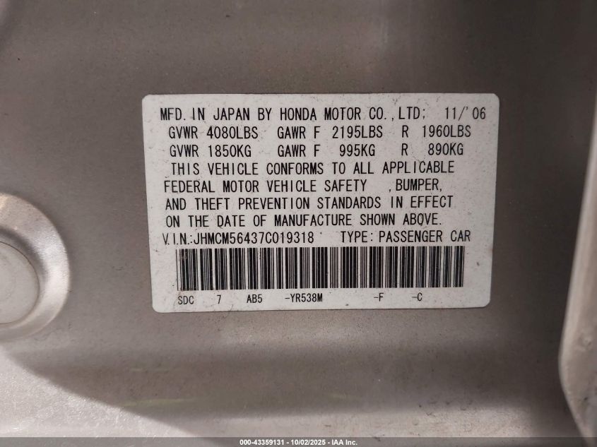 2007 Honda Accord 2.4 Lx VIN: JHMCM56437C019318 Lot: 43359131