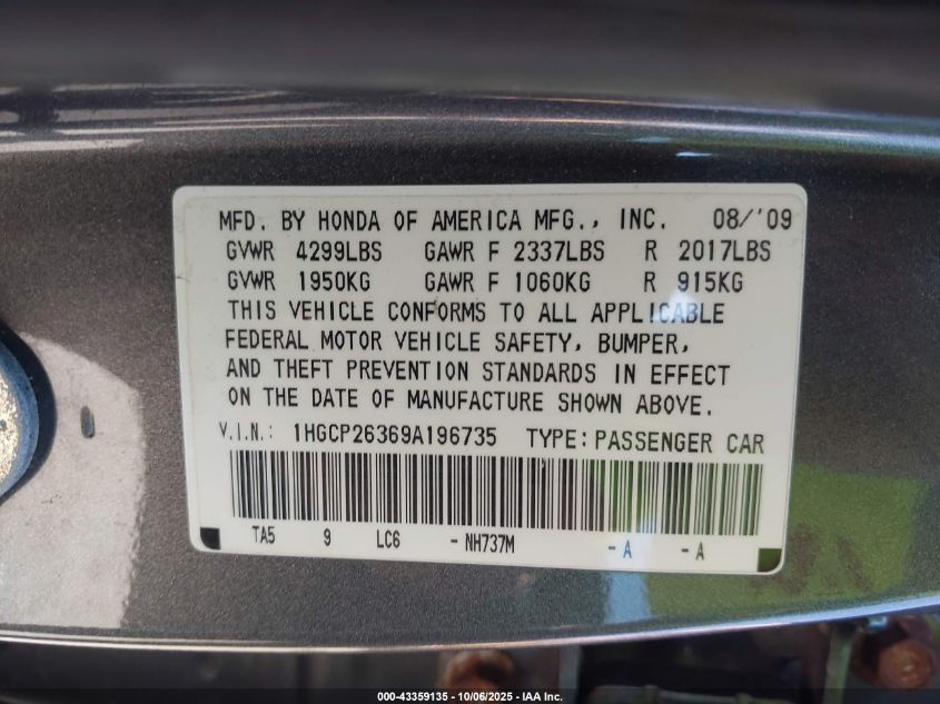 2009 Honda Accord 2.4 Lx VIN: 1HGCP26369A196735 Lot: 43359135