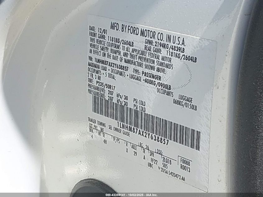 2002 Lincoln Ls V8 Auto VIN: 1LNHM87AX2Y638857 Lot: 43359141